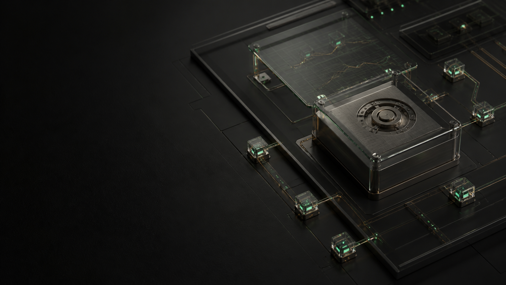 VaultPulse treasury concept: a metal vault connected to transparent routing modules